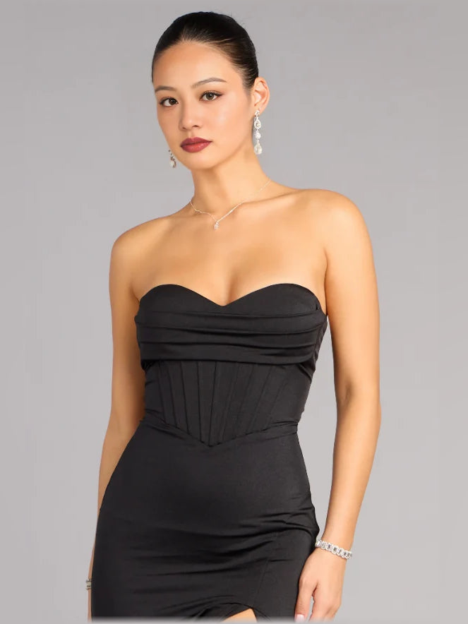Black mermaid floor-length formal dress with corset-style bodice, alternate view