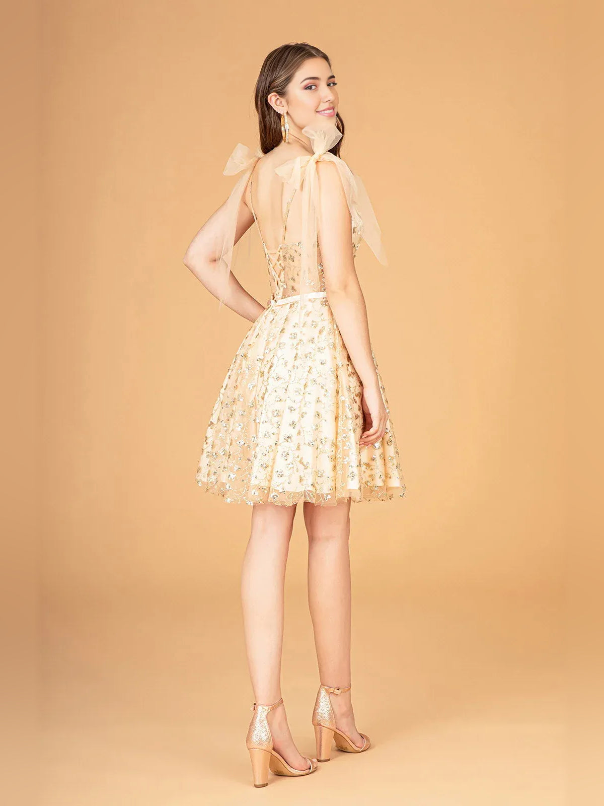 Champagne mini homecoming dress, alternate view showing the overall dress design