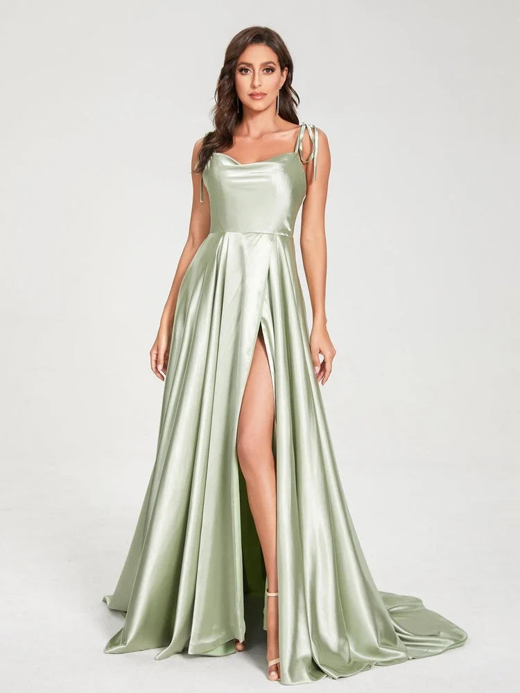 Sage Green a-line floor-length formal dress with halter neckline, alternate view showing the waist