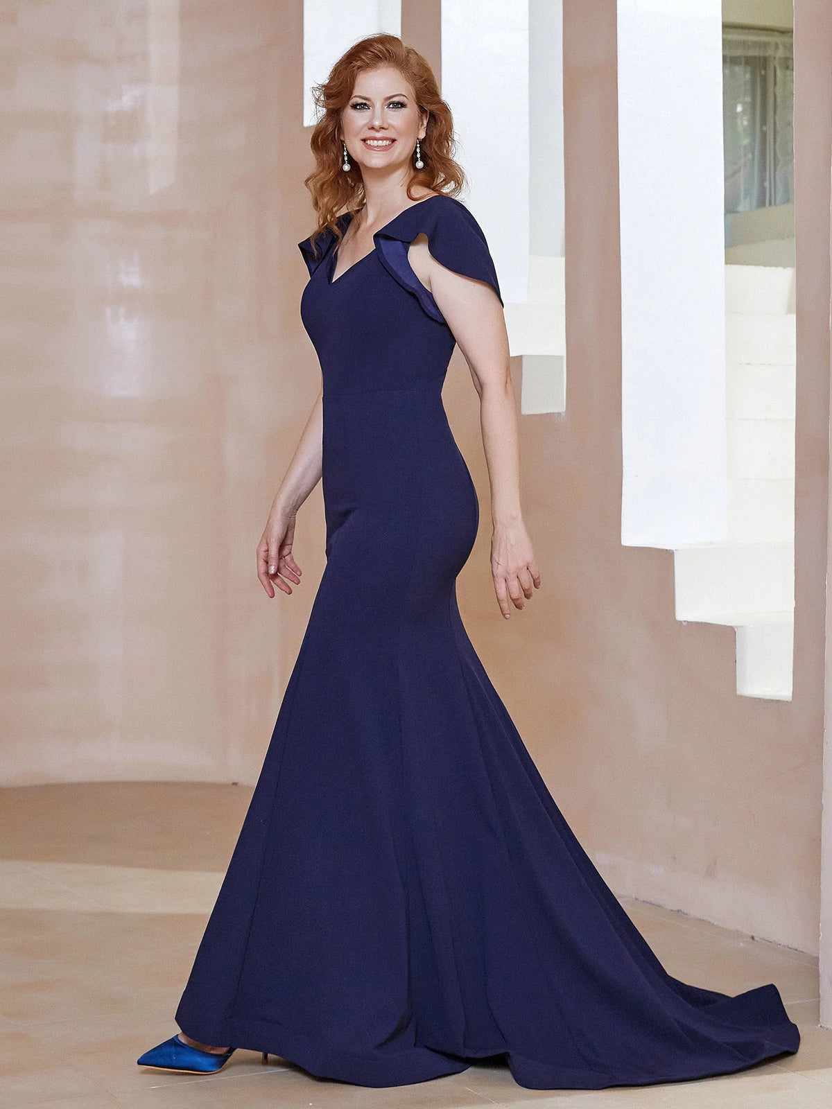 Dark Navy maxi mother of the bride dress, alternate view showing the overall dress design