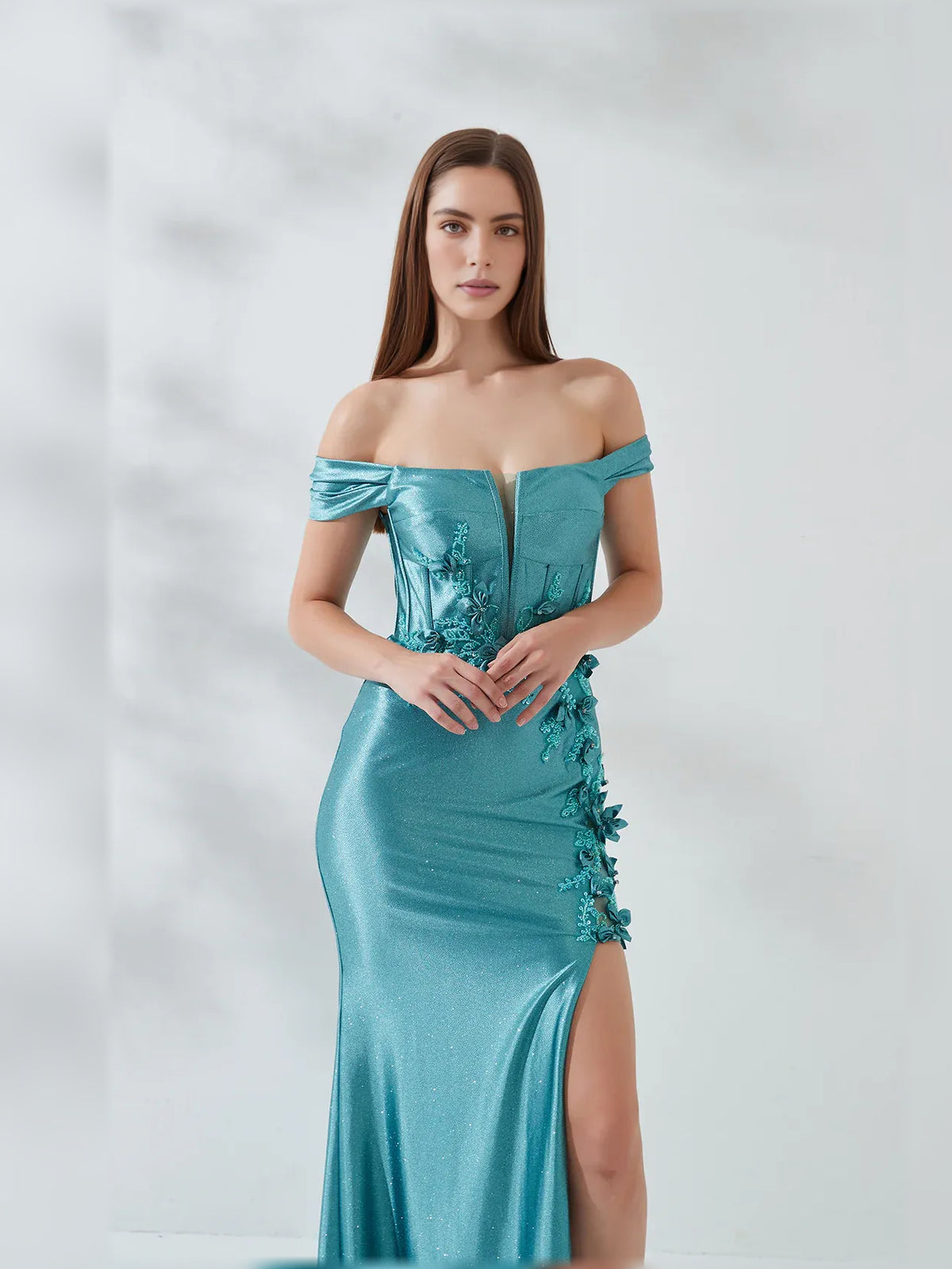 Jade mermaid floor-length formal dress with corset-style bodice, alternate view