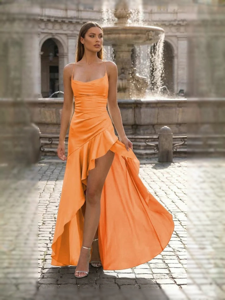 Burnt Orange maxi prom dress, alternate view showing the overall dress design