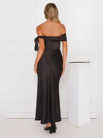 Black midi formal dress with off-the-shoulder neckline, alternate view showing the waist