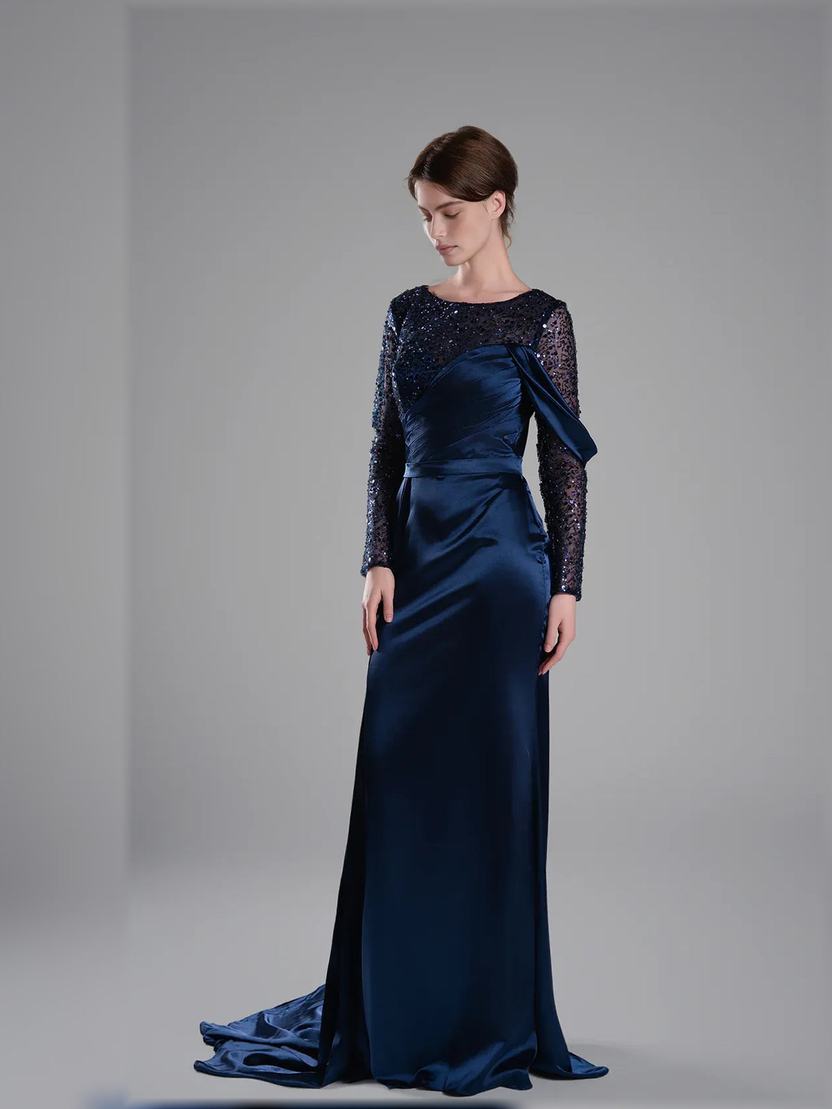 Navy Blue mermaid floor-length formal dress with beading, alternate view showing the waist