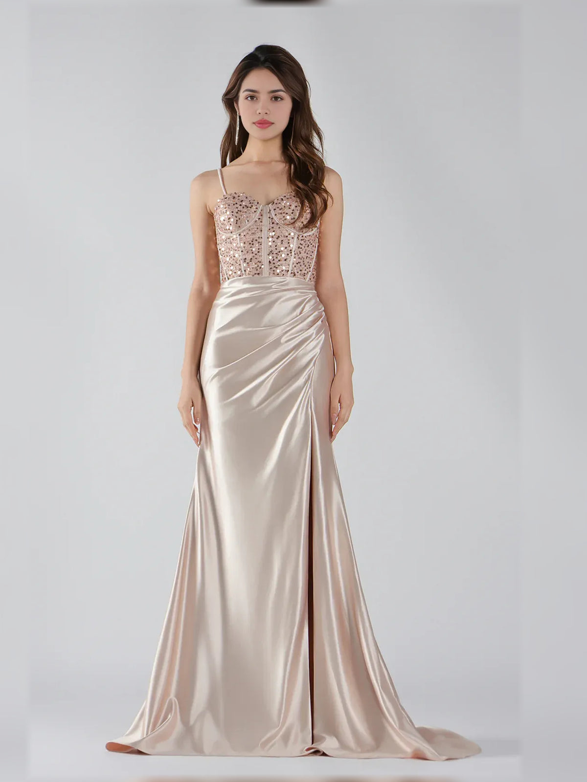 Champagne mermaid floor-length formal dress with skirt slit, alternate view
