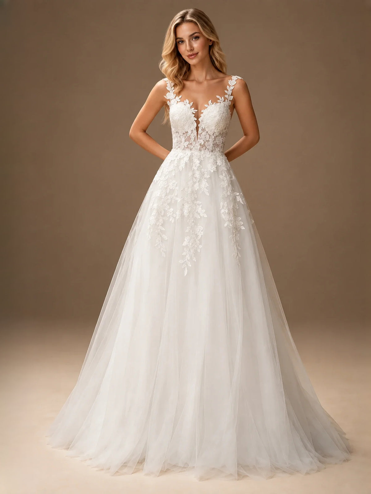 Ivory floor-length wedding dress, alternate view showing the overall dress design