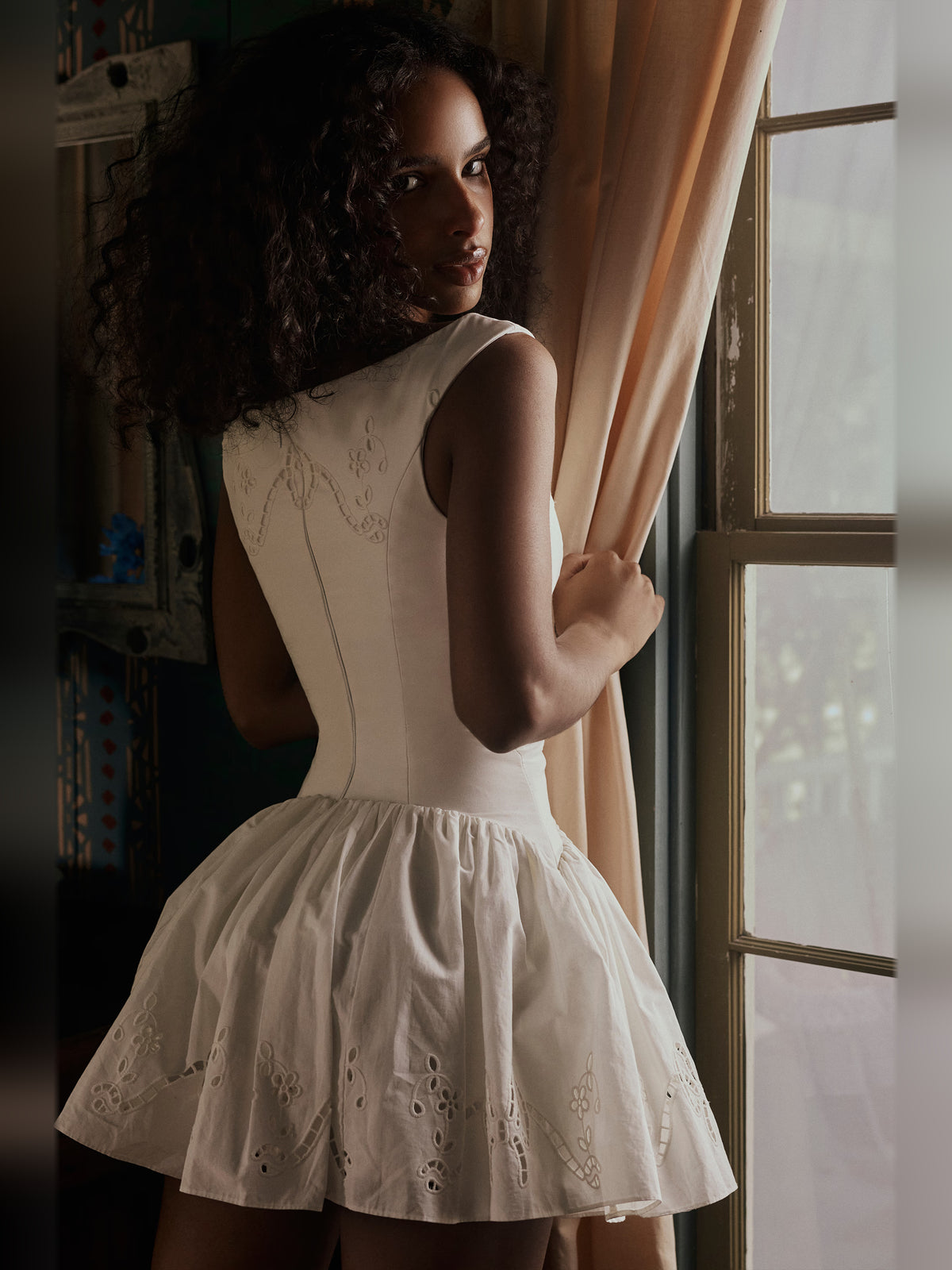 White mini homecoming dress, alternate view showing the overall dress design