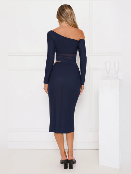 Navy midi formal dress, alternate view showing the waist