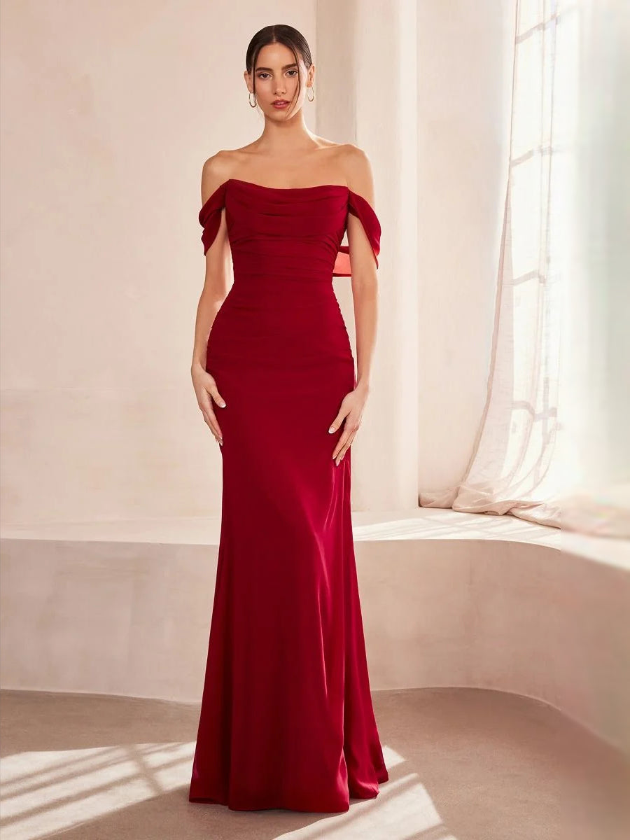 Burgundy floor-length prom dress, front view showing the mermaid silhouette