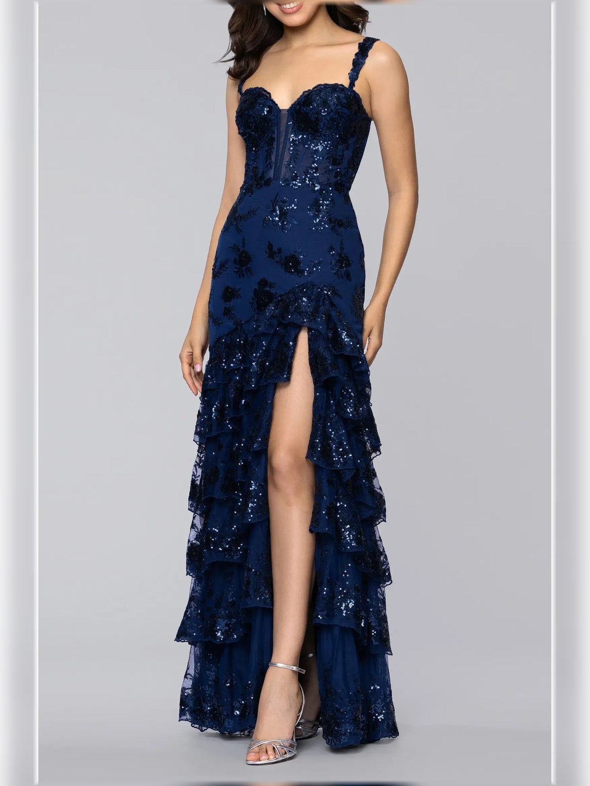 Navy Blue mermaid floor-length formal dress with skirt slit, alternate view