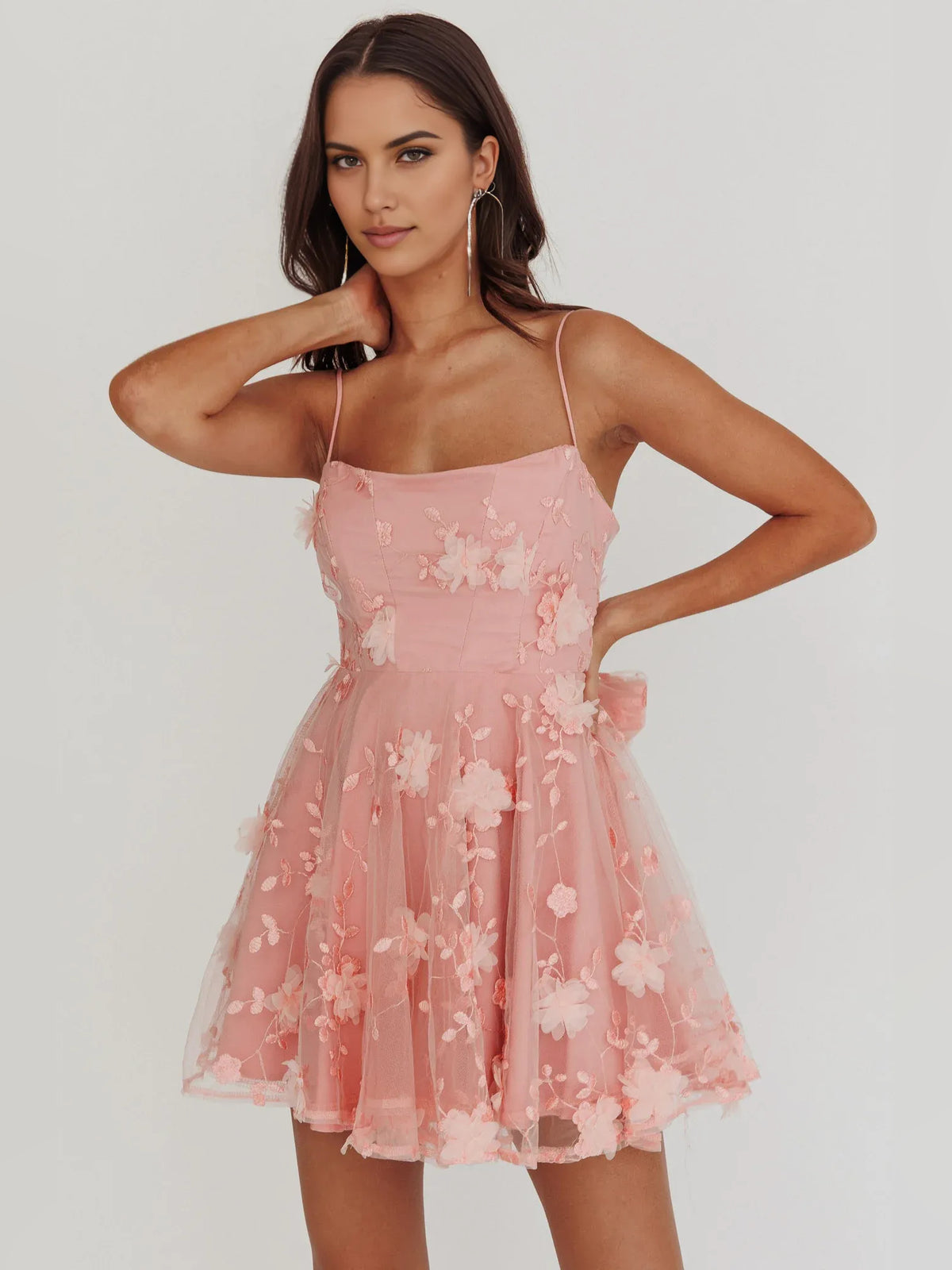 Coral mini homecoming dress, alternate view showing the overall dress design