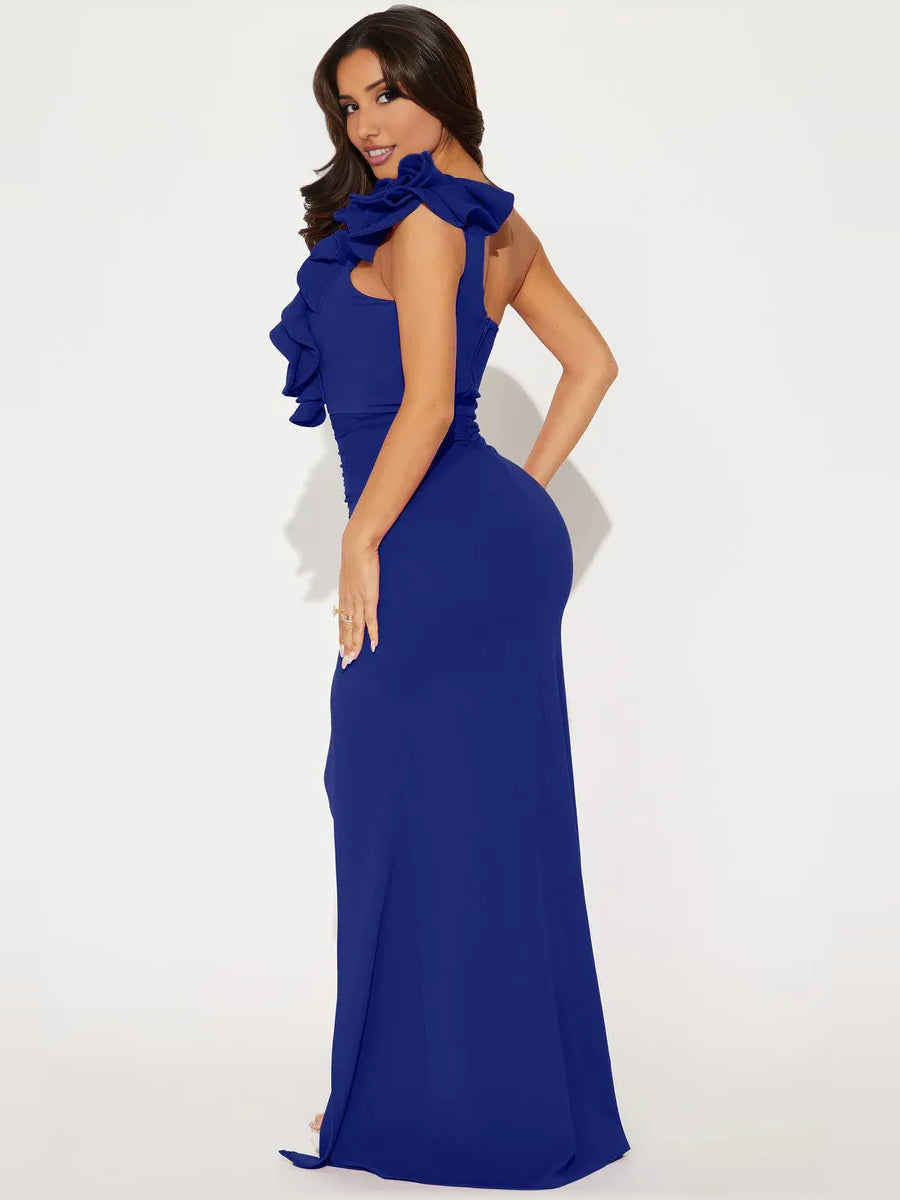 Magenta mermaid floor-length formal dress with skirt slit, alternate view