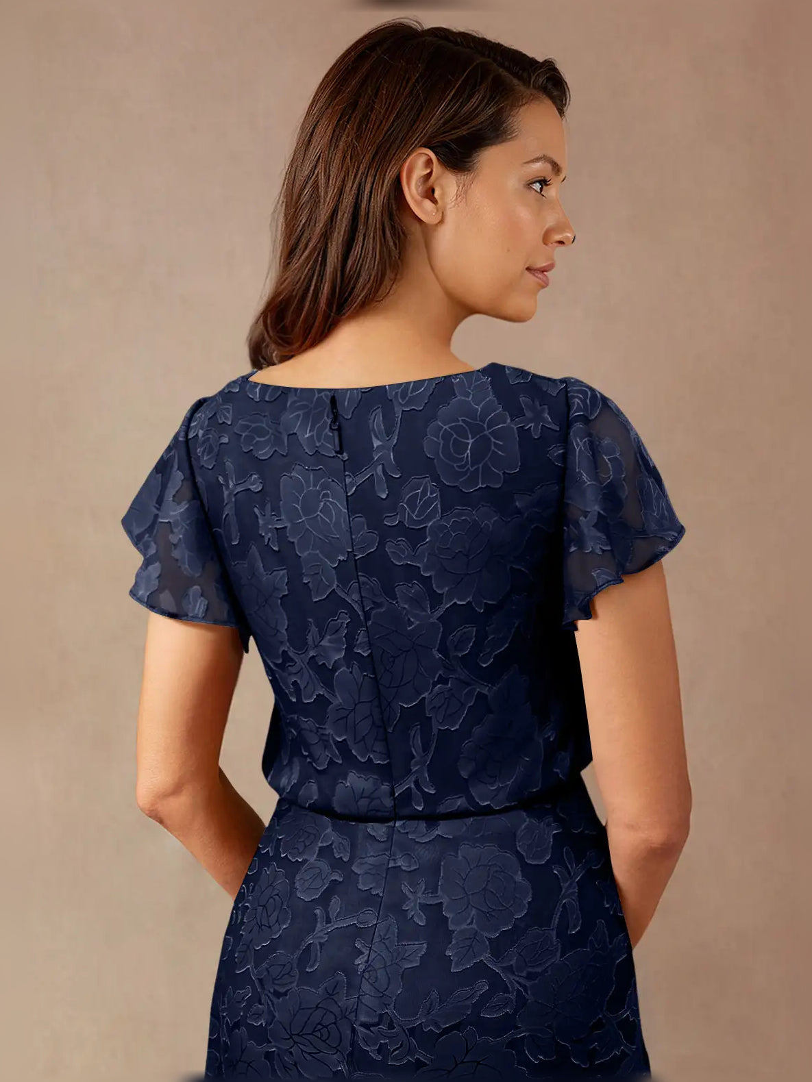 Navy Blue maxi mother of the bride dress, alternate view showing the overall dress design