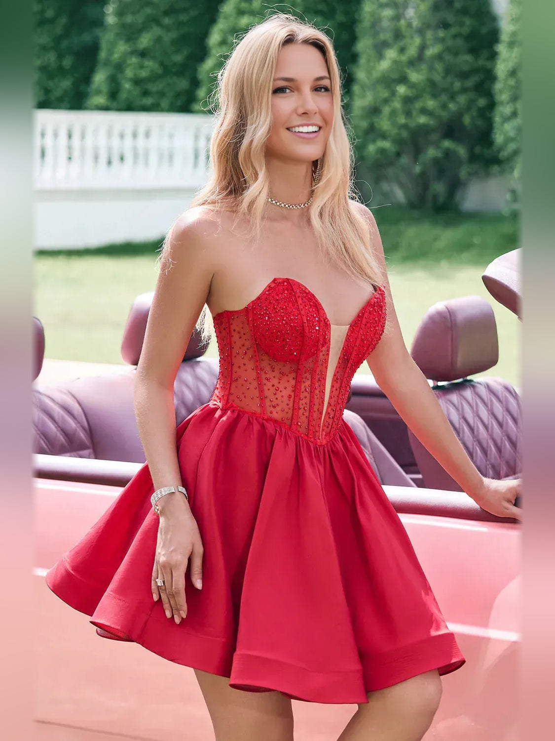 Red mini homecoming dress, alternate view showing the overall dress design