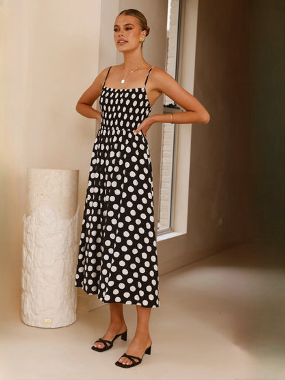Black White Polka Dot midi formal dress with printed pattern, alternate view showing the waist
