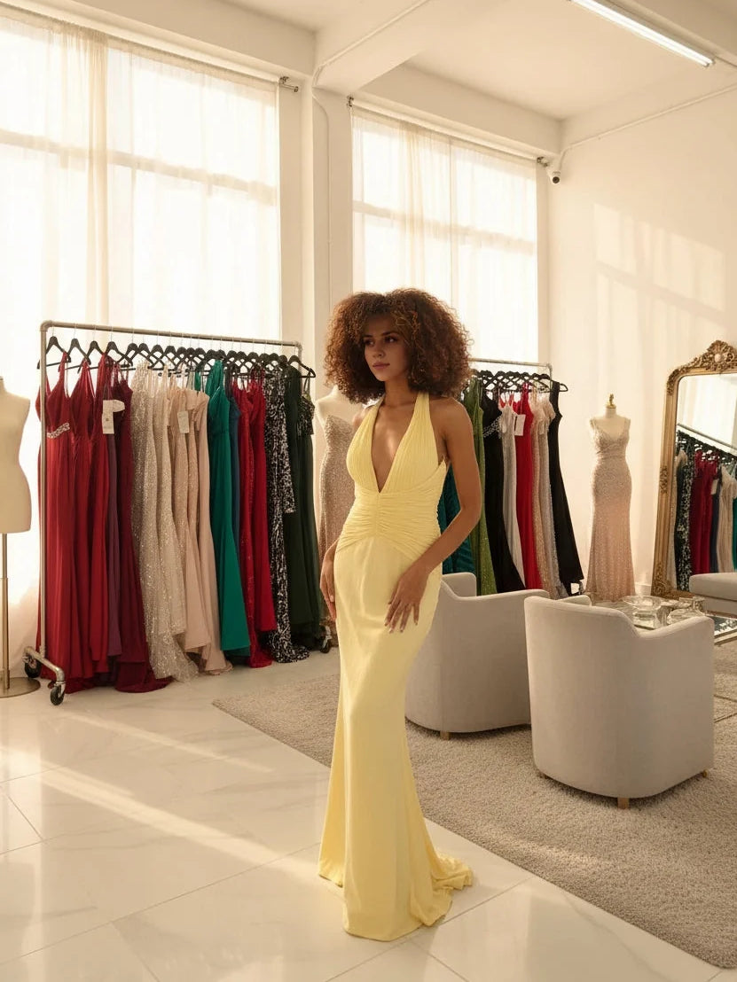 Pale Lemon mermaid floor-length formal dress with draping, alternate view showing the waist