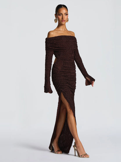 Brown midi formal dress, alternate view showing the waist