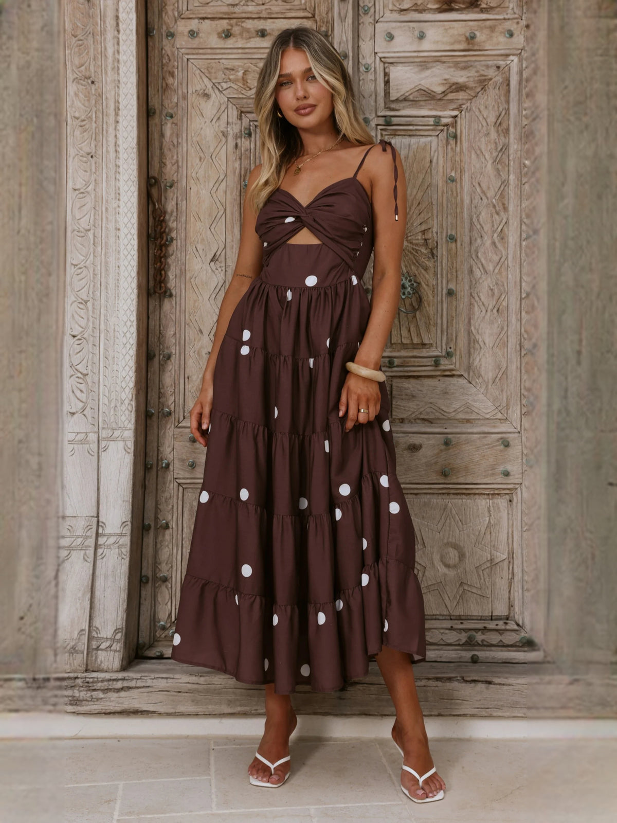 Chocolate midi formal dress with printed pattern, alternate view showing the waist