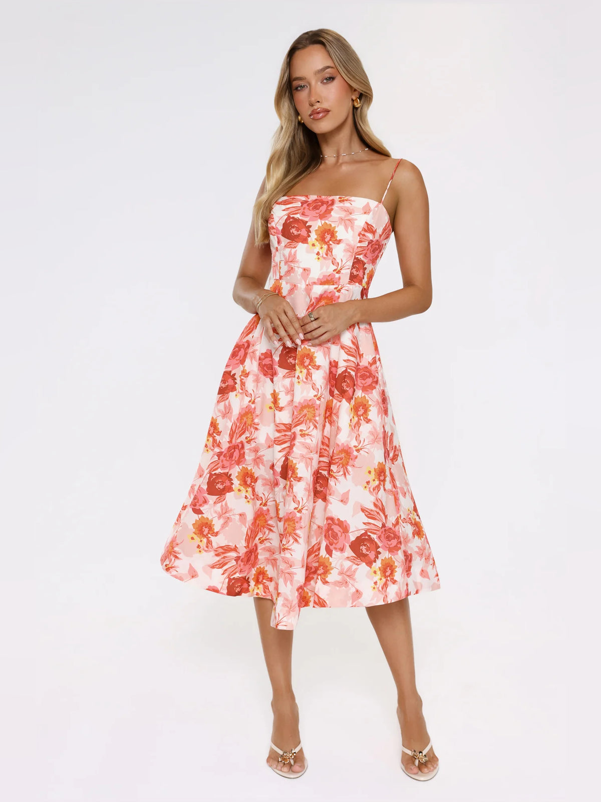 Orange midi formal dress, alternate view showing the waist