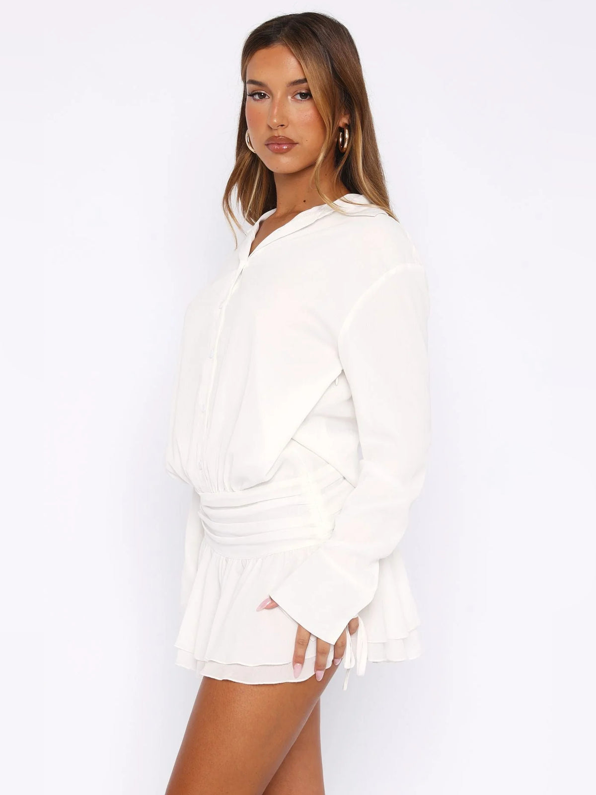 White mini homecoming dress, alternate view showing the overall dress design
