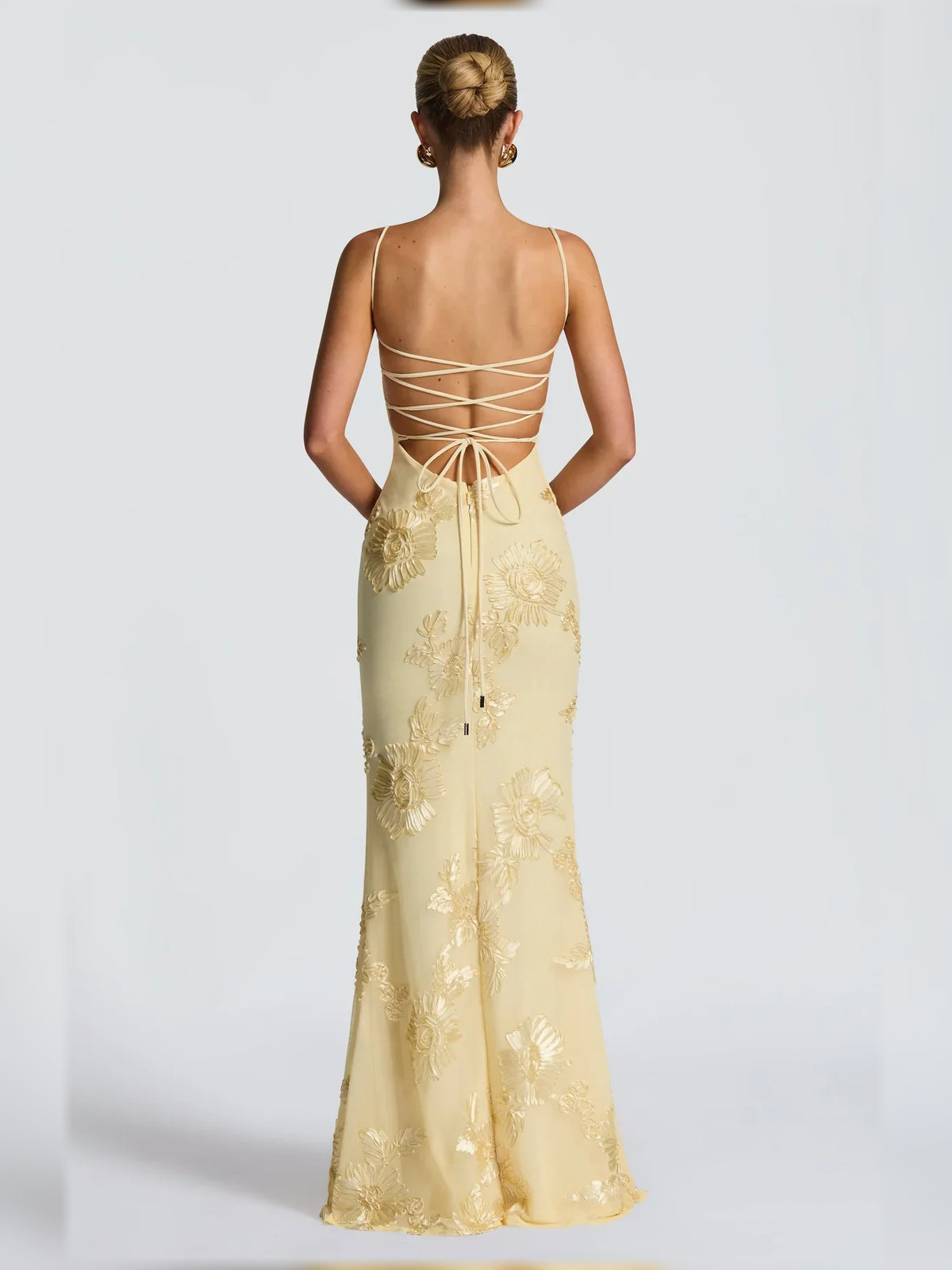 Pale Lemon mermaid floor-length formal dress with corset-style bodice, alternate view