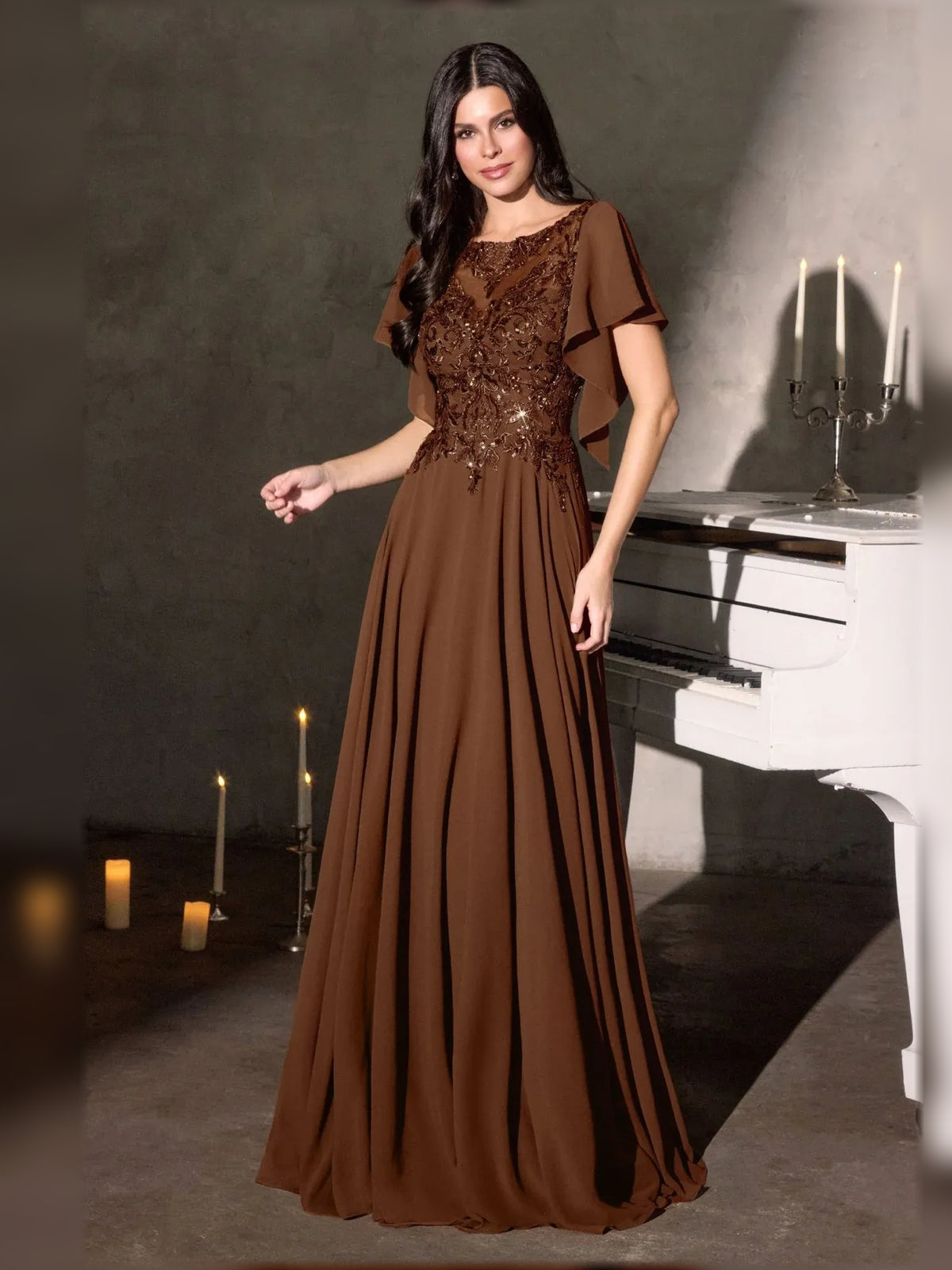 Brown floor-length mother of the bride dress, alternate view showing the overall dress design