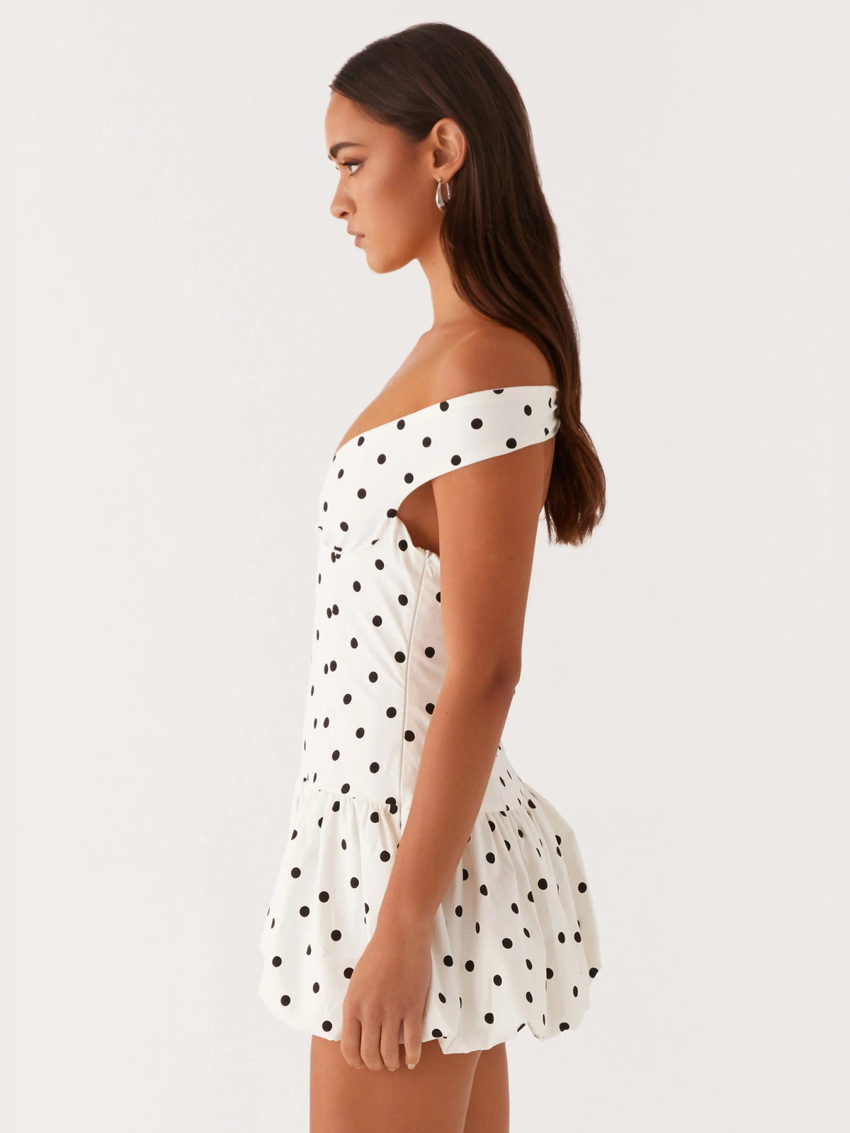 White Polka Dot mini homecoming dress, alternate view showing the overall dress design
