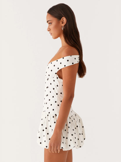 White Polka Dot mini homecoming dress, alternate view showing the overall dress design