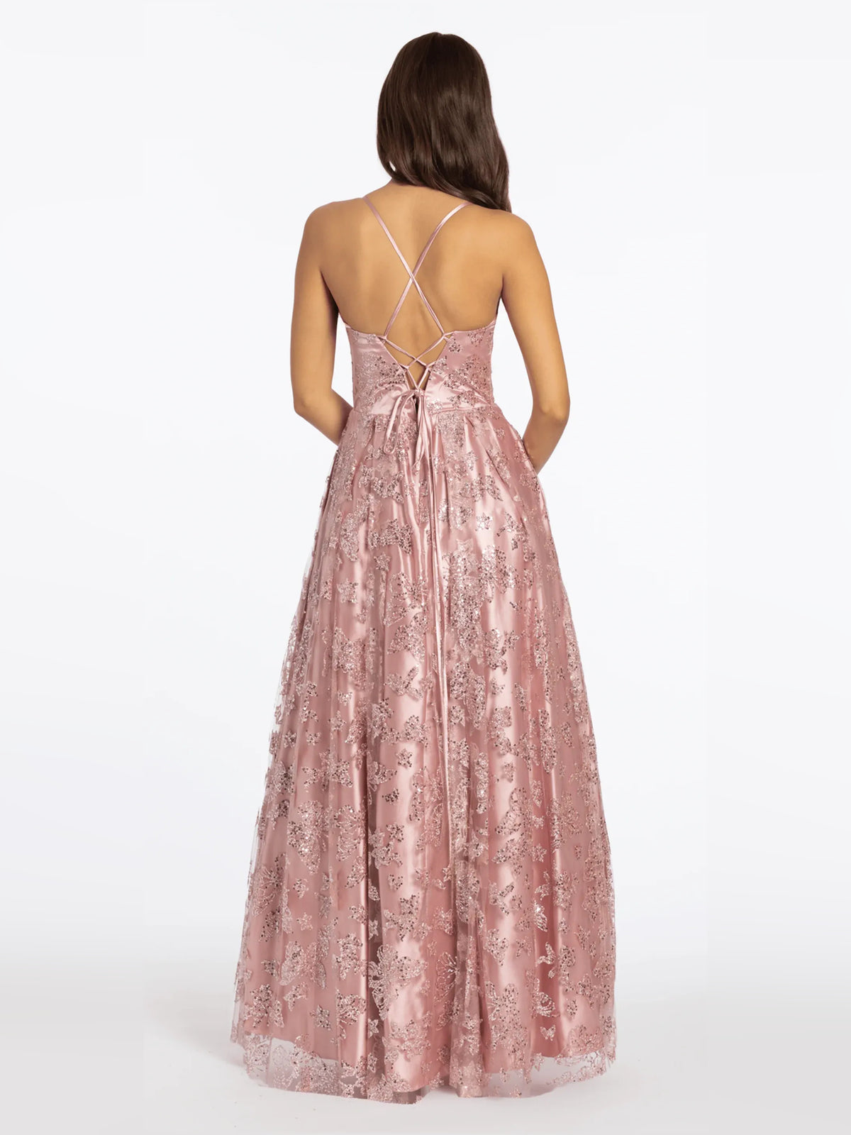 Dusty Rose floor-length prom dress, back view showing the rear of the dress from another angle