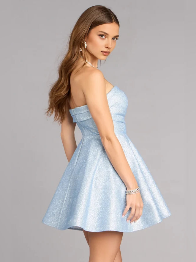 Light Blue mini homecoming dress, alternate view showing the overall dress design