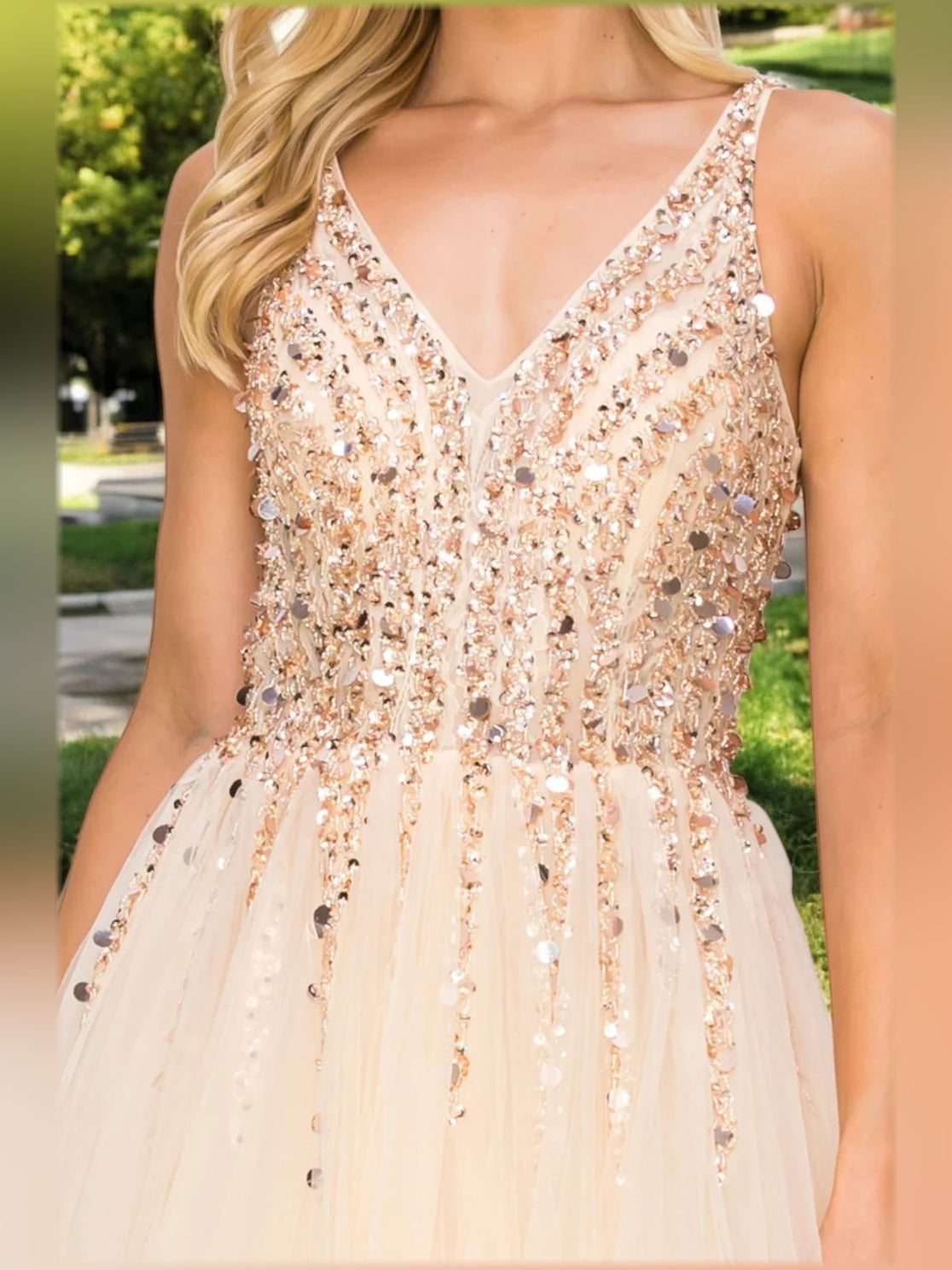 Champagne a-line floor-length formal dress with beading, alternate view showing the waist