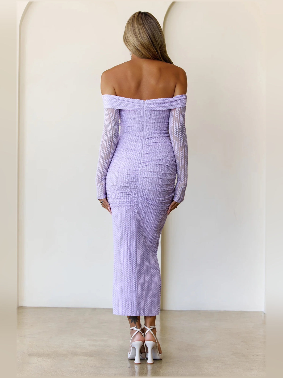 Lilac midi formal dress, alternate view showing the waist