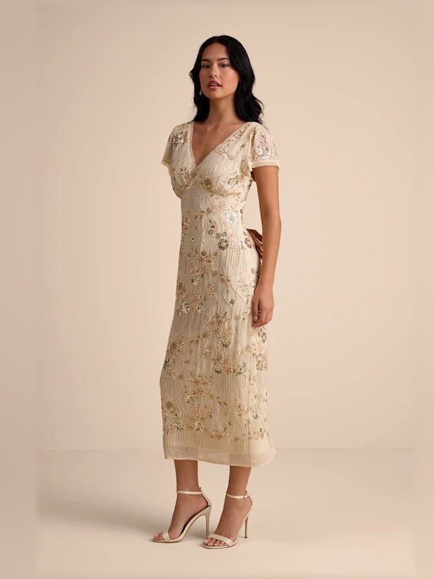 Beige midi formal dress with sequins, alternate view showing the waist