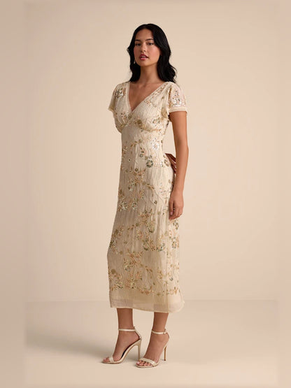 Beige midi formal dress with sequins, alternate view showing the waist