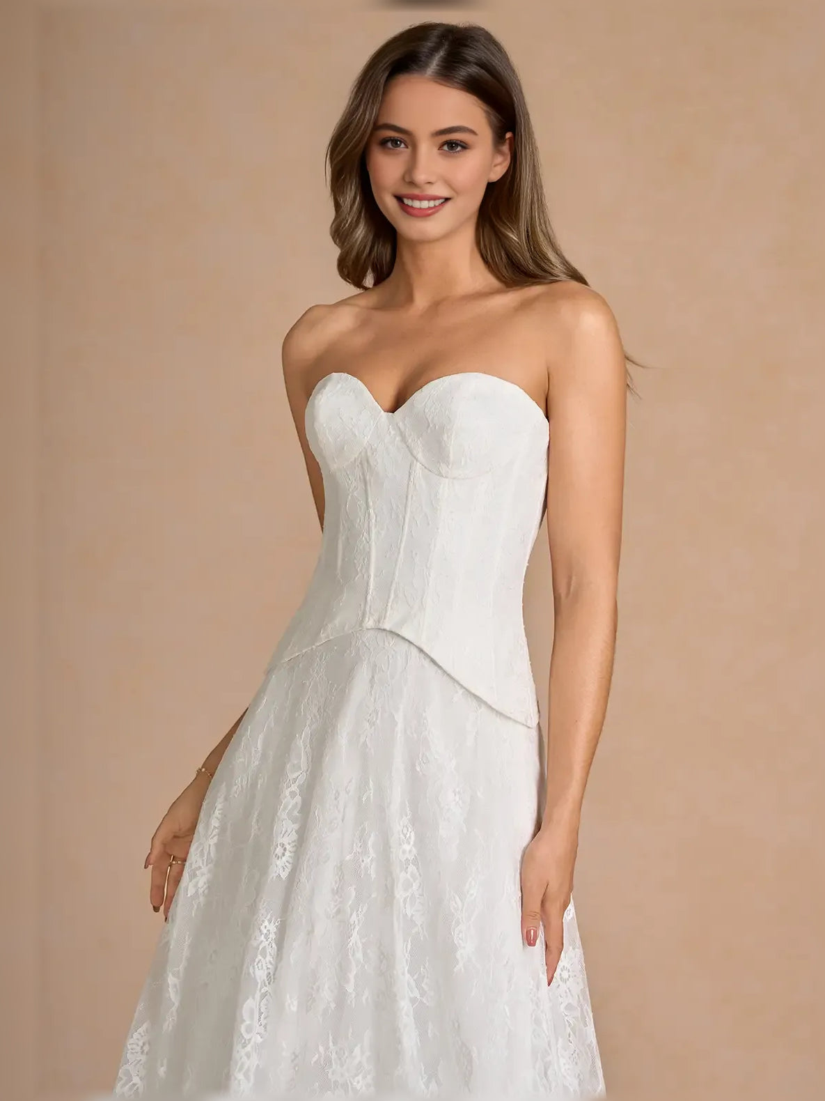 White column floor-length formal dress with corset-style bodice, alternate view showing the waist