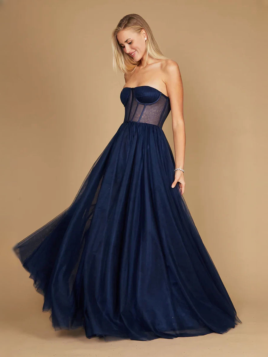Dark Navy floor-length prom dress, back view showing the rear of the dress