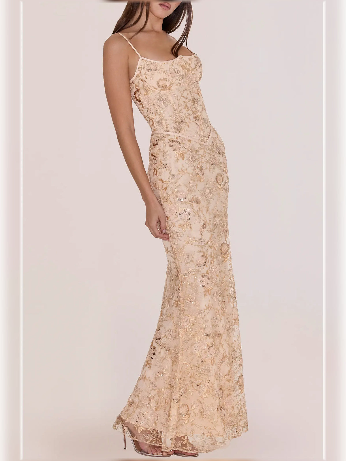Peach mermaid floor-length formal dress with corset-style bodice, alternate view
