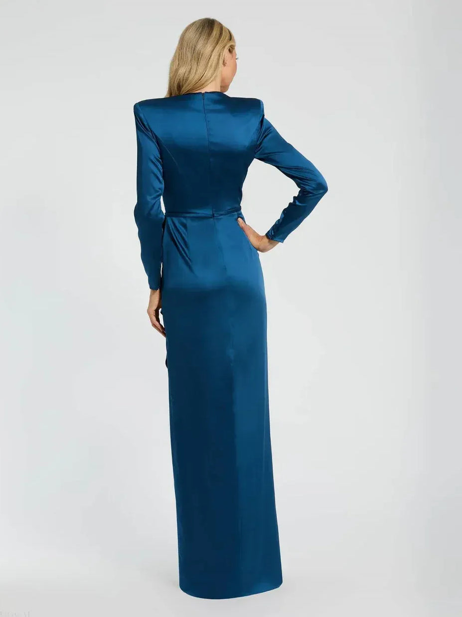 Hot Pink sheath floor-length formal dress with ruffle details, alternate view