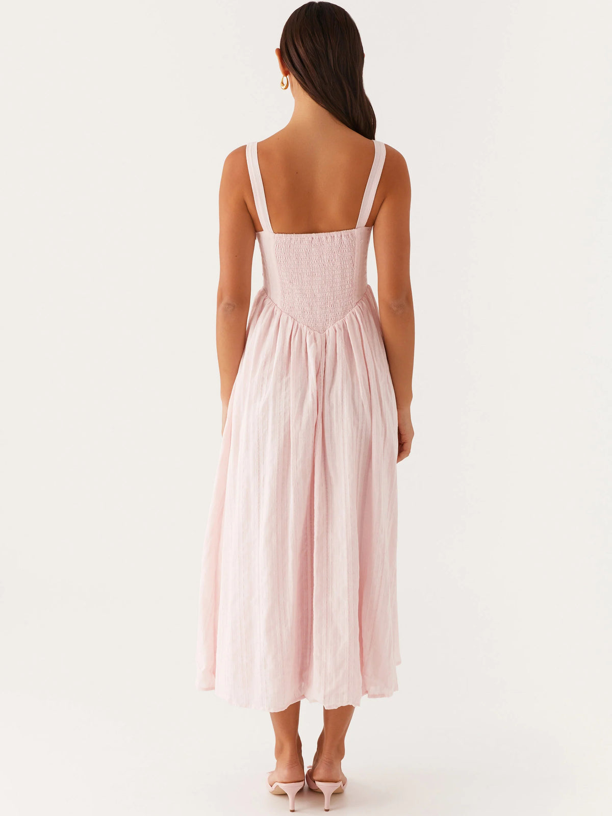 Pink midi formal dress, alternate view showing the waist