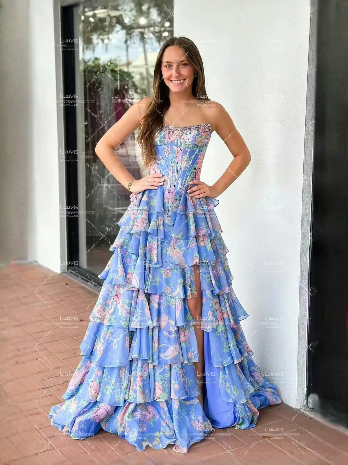 Blue floor-length prom dress, alternate view showing the overall dress design