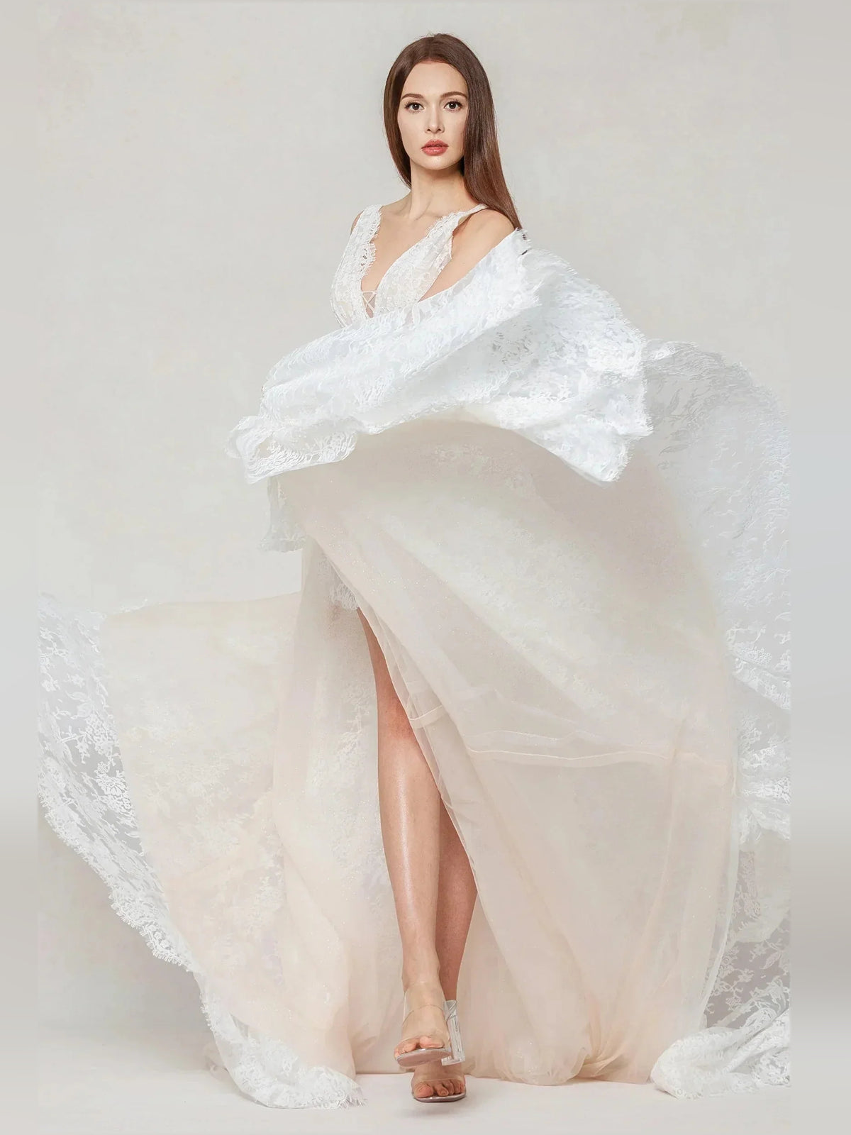 Ivory floor-length wedding dress, alternate view showing the overall dress design