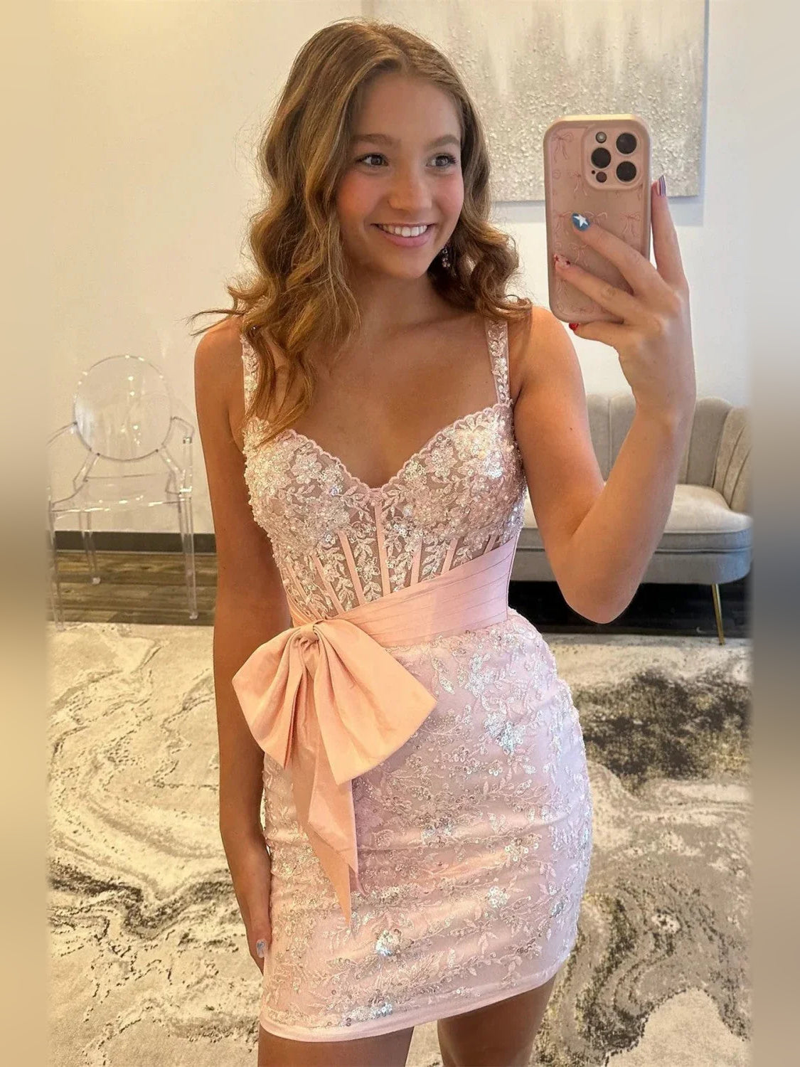 Blush Pink mini homecoming dress, alternate view showing the overall dress design