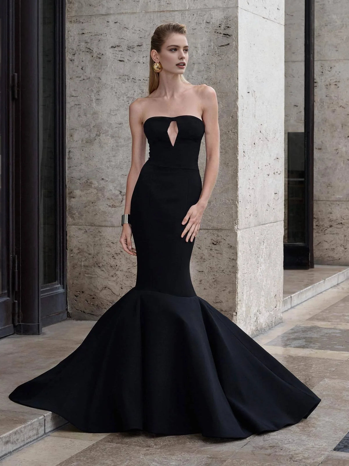 Black mermaid floor-length formal dress with cutout detail, alternate view showing the waist