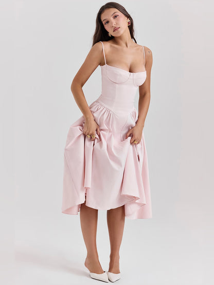 Pink midi formal dress with corset-style bodice, alternate view showing the waist
