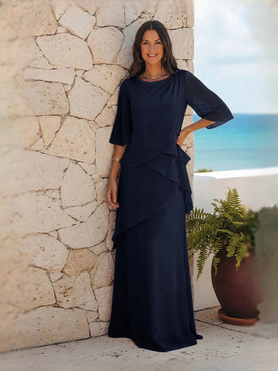 Dark Blue floor-length mother of the bride dress, alternate view showing the overall dress design