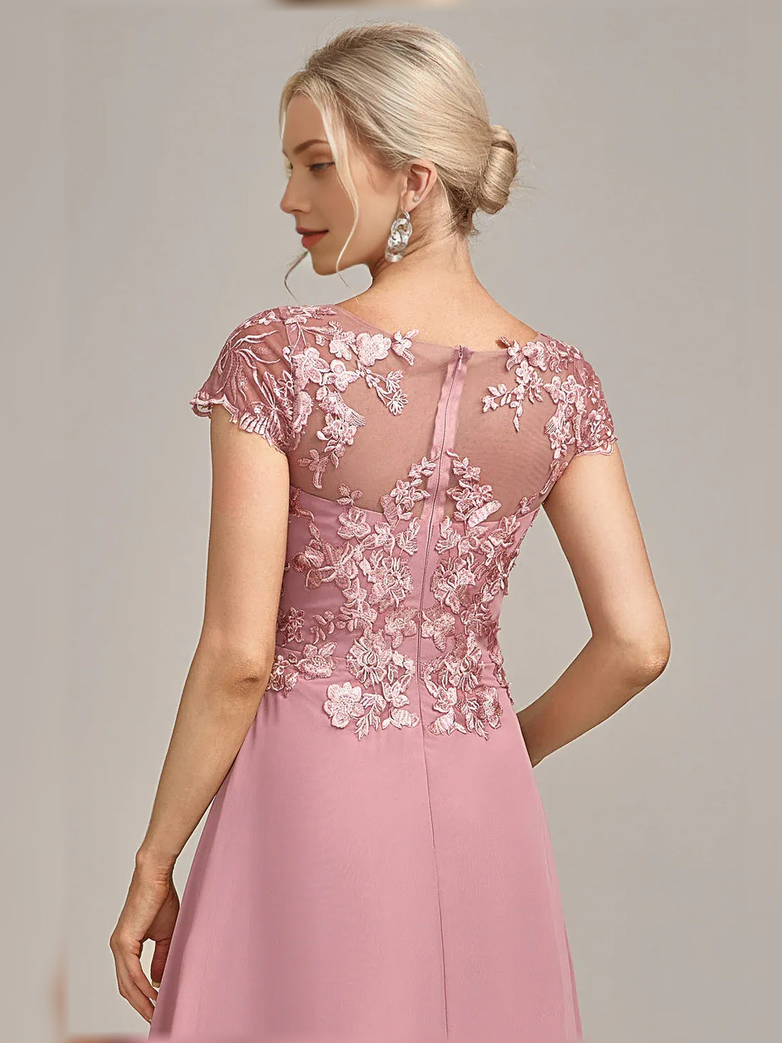 Dusty Rose knee-length mother of the bride dress, alternate view showing the overall dress design