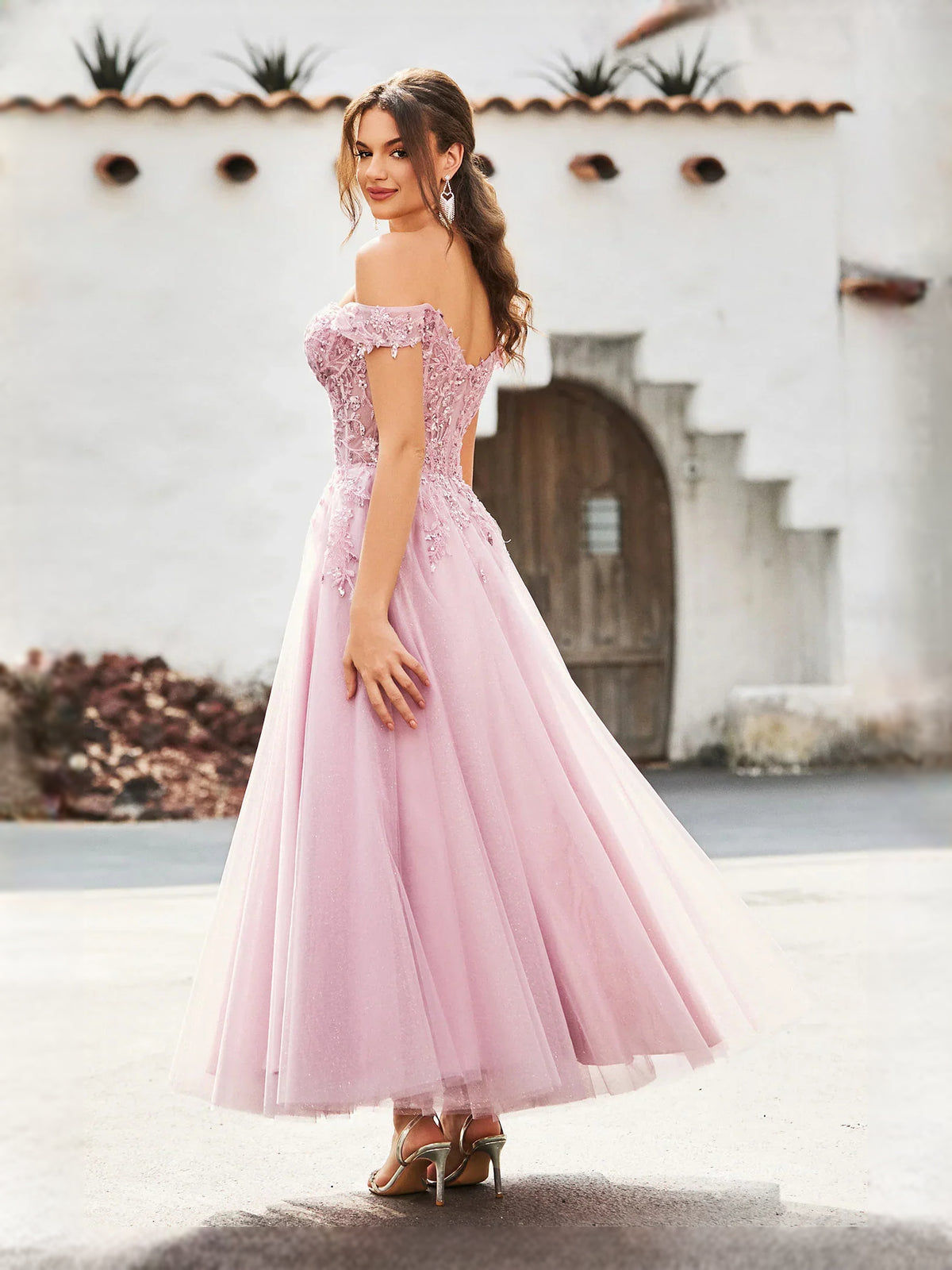 Blue tea-length prom dress, alternate view showing the overall dress design