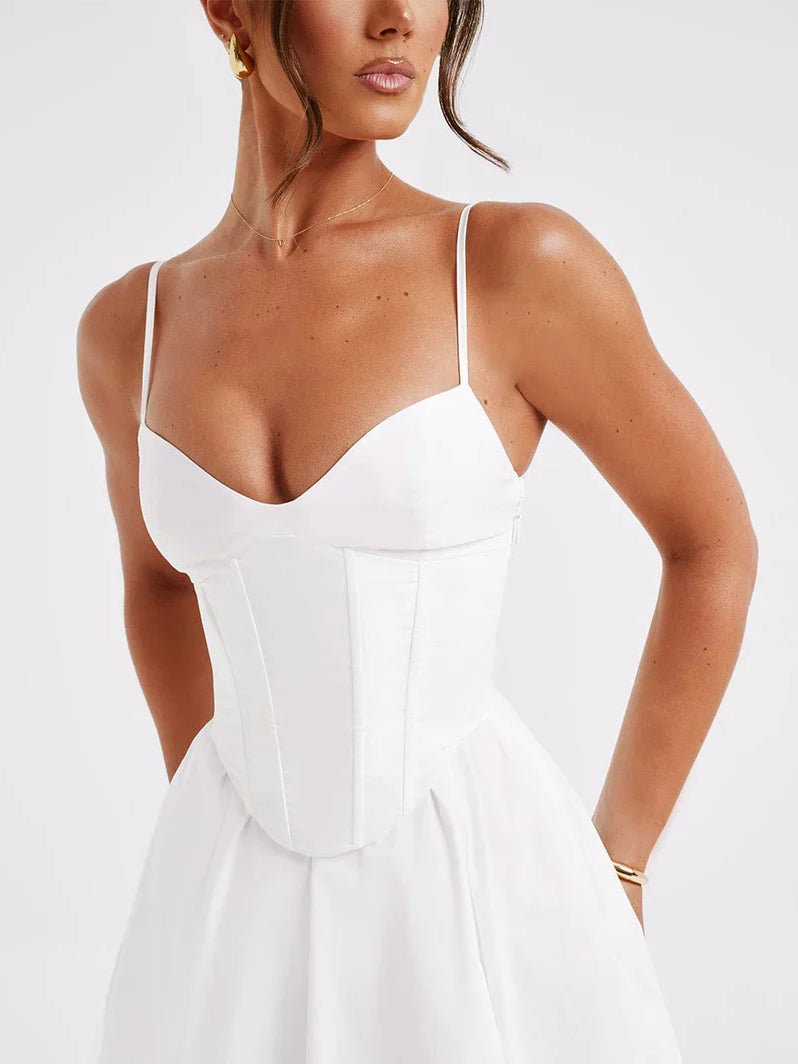 White a-line tea-length formal dress with corset-style bodice, alternate view showing the waist