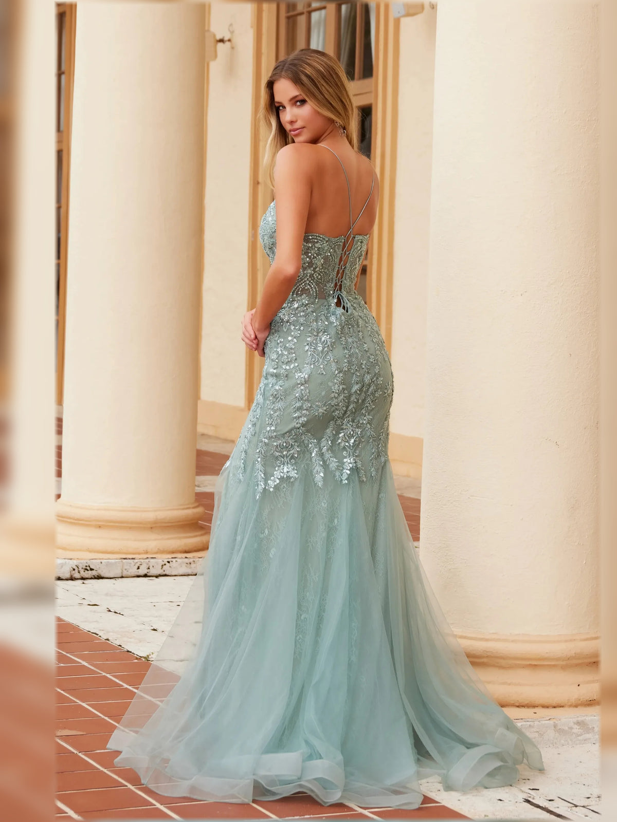 Lilac mermaid floor-length formal dress with floral print, alternate view