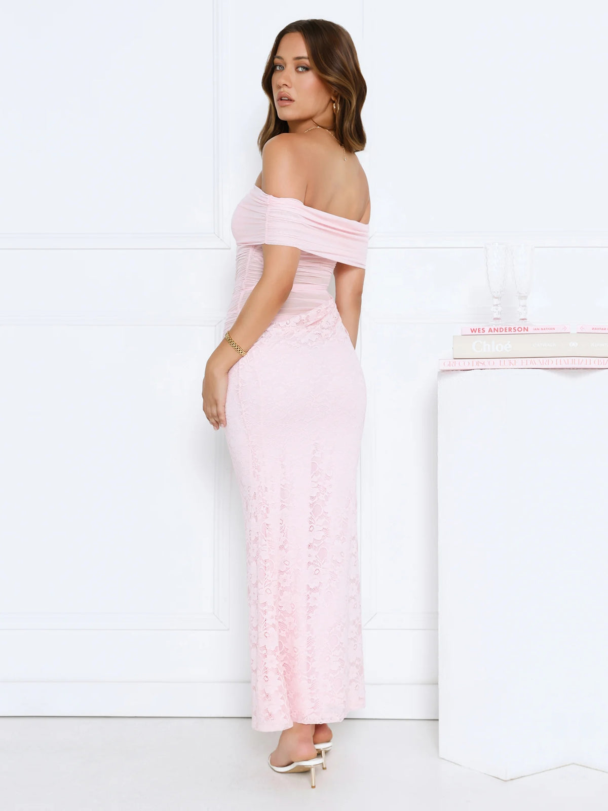 Pink sheath maxi formal dress with one-shoulder neckline, alternate view showing the waist